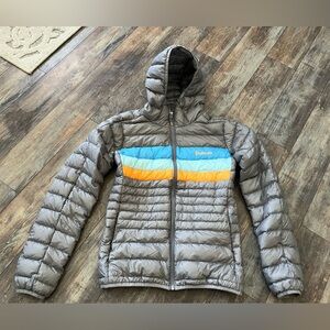 cotopaxi Gray Puffer Jacket with Blue and Orange Chest Stripes